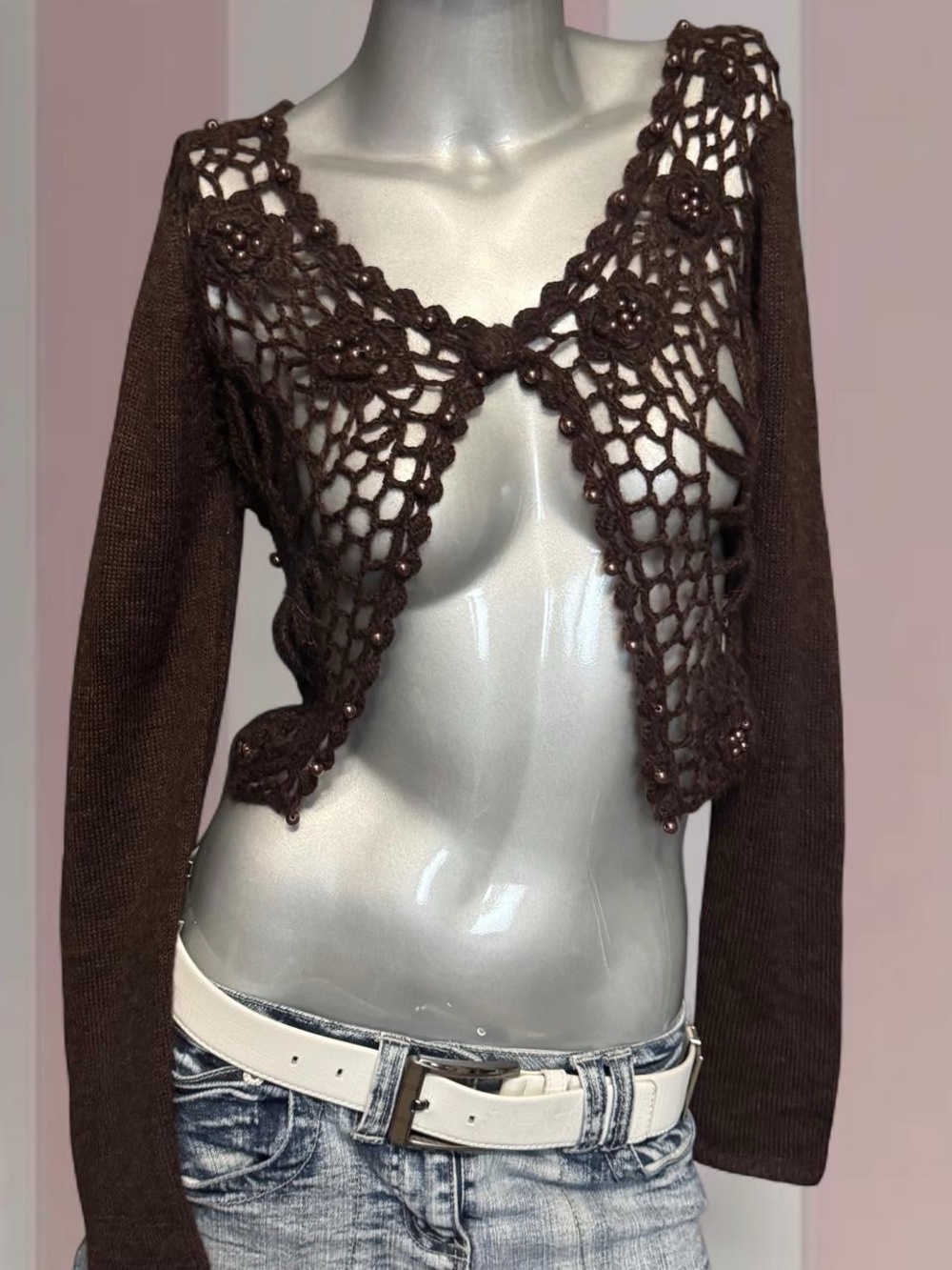 Y2K Brown Crochet Fairy Cropped Cardigan